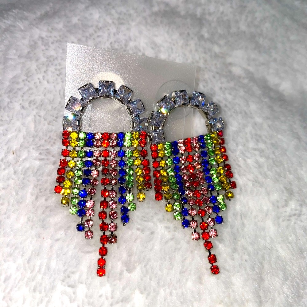 1 pair of earrings 
fancy custom multicolor rhinestones